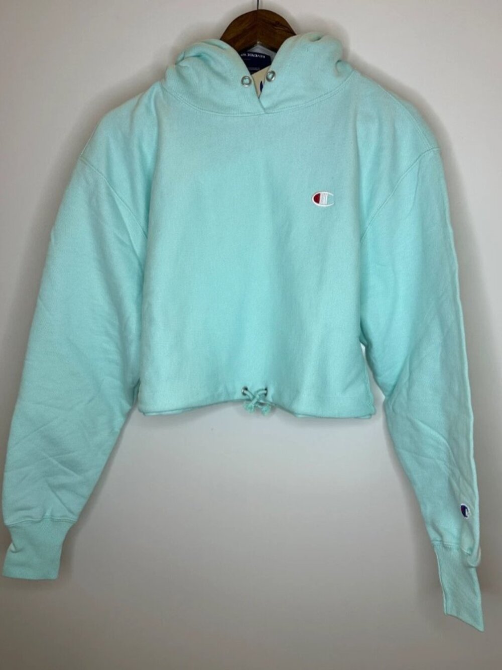 NWT Champion Reverse Weave Cropped Hooded Sweatshirt Blue Oversized Hoodie XS S - Picture 2 of 8
